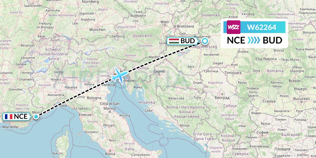 W62264 Wizz Air Flight Map: Nice to Budapest