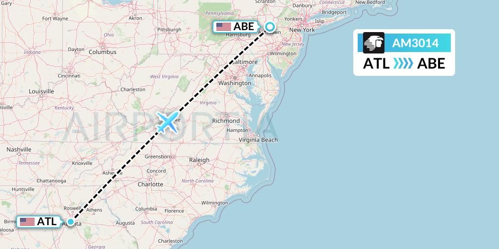AM3014 Aeromexico Flight Map: Atlanta to Allentown