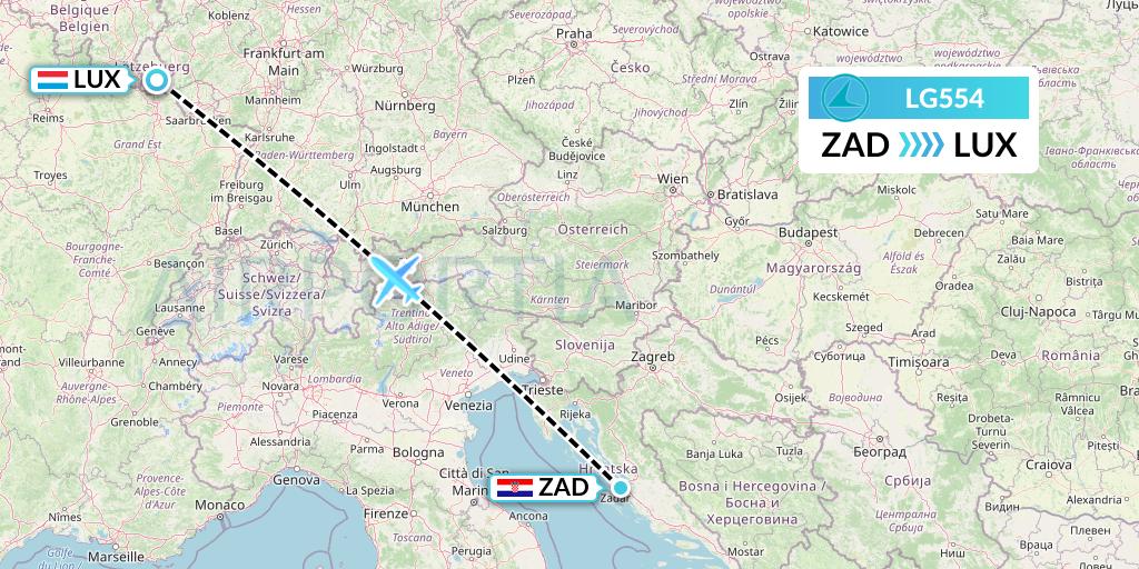 LG554 Luxair Flight Map: Zadar to Luxembourg