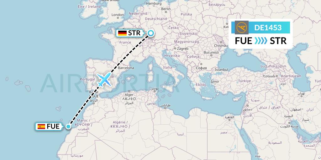 DE1453 Condor Flight Map: Fuerteventura to Stuttgart