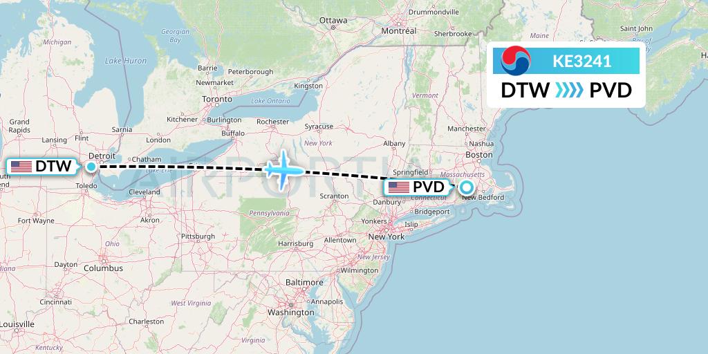 KE3241 Korean Air Flight Map: Detroit to Providence