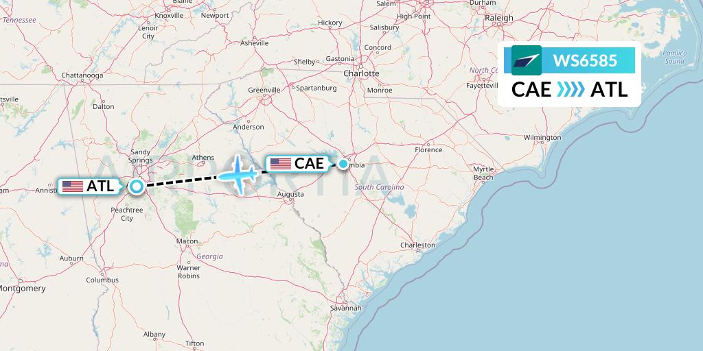 WS6585 WestJet Flight Map: Columbia to Atlanta