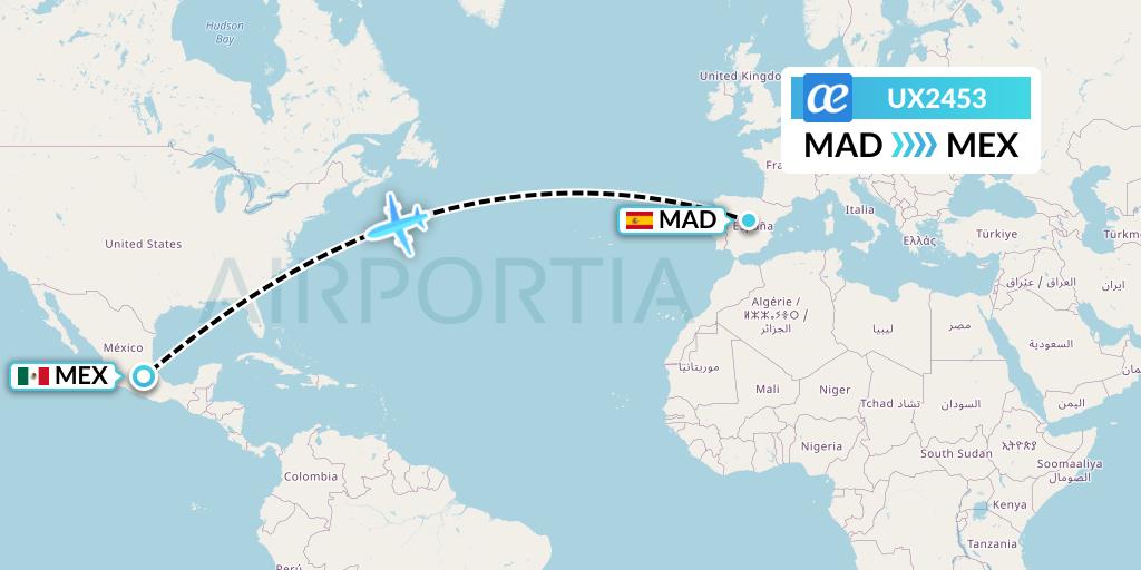 UX2453 Air Europa Flight Map: Madrid to Mexico City
