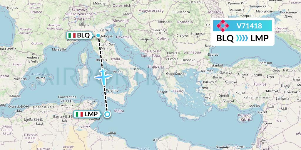 V71418 Volotea Flight Map: Bologna to Lampedusa