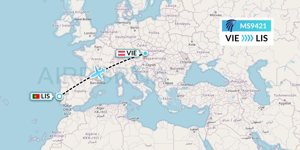 MS9421 EgyptAir Flight Map: Vienna to Lisbon