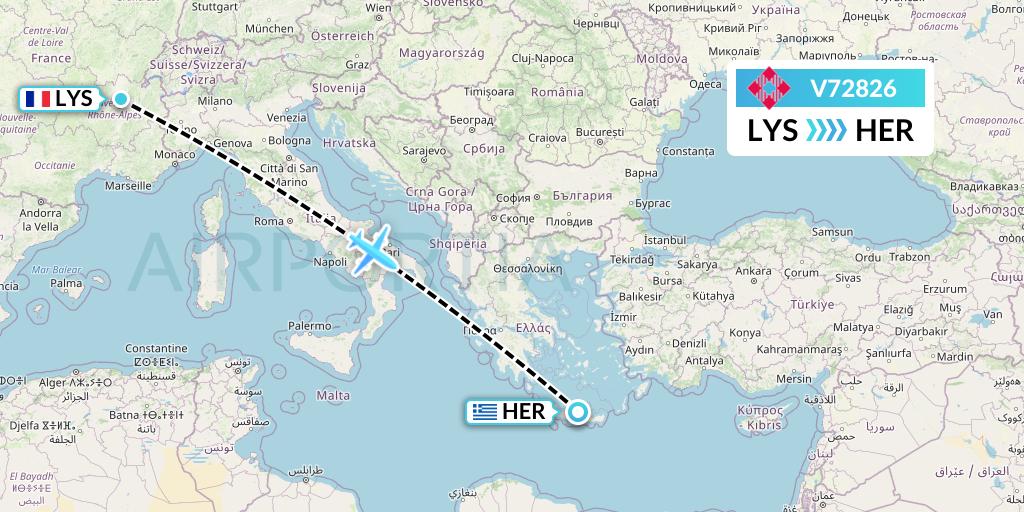 V72826 Volotea Flight Map: Lyon to Heraklion