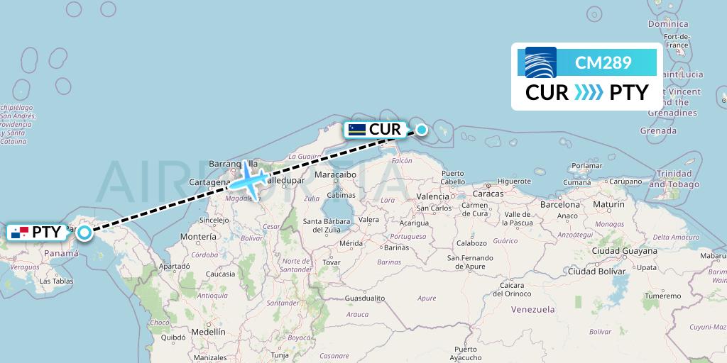 CM289 Copa Airlines Flight Map: Willemstad to Panama City