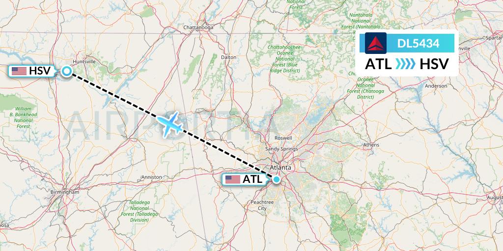 DL5434 Delta Air Lines Flight Map: Atlanta to Huntsville