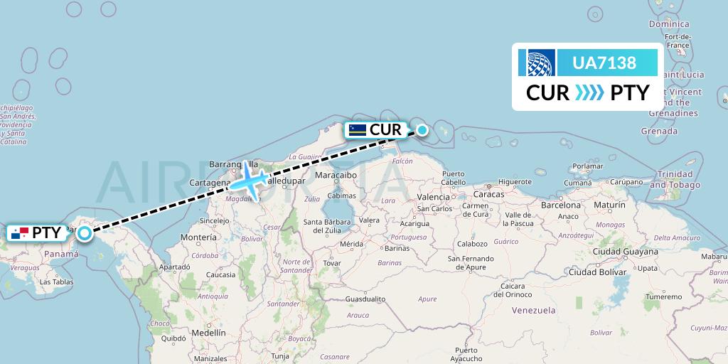 UA7138 United Airlines Flight Map: Willemstad to Panama City