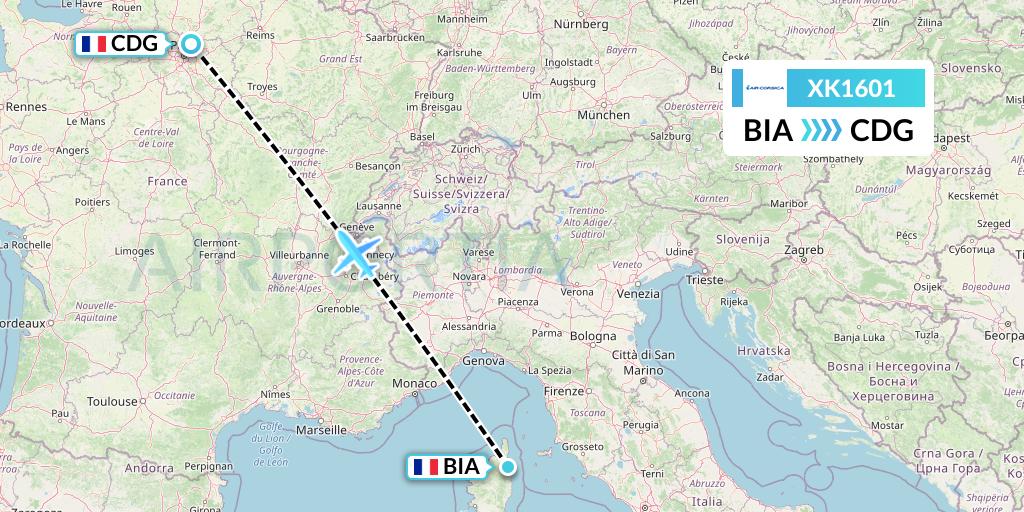 XK1601 Air Corsica Flight Map: Bastia to Paris