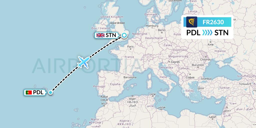 FR2630 Ryanair Flight Map: Ponta Delgada to London