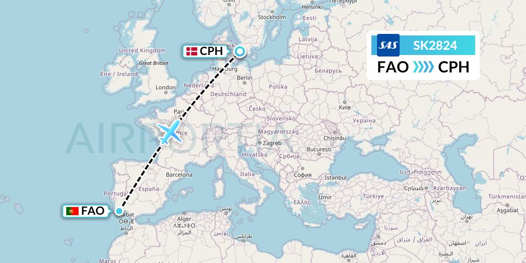 SK2824 SAS Flight Map: Faro to Copenhagen