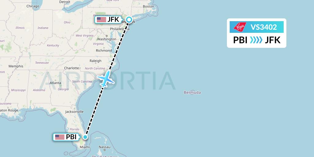 VS3402 Virgin Atlantic Airways Flight Map: West Palm Beach to New York