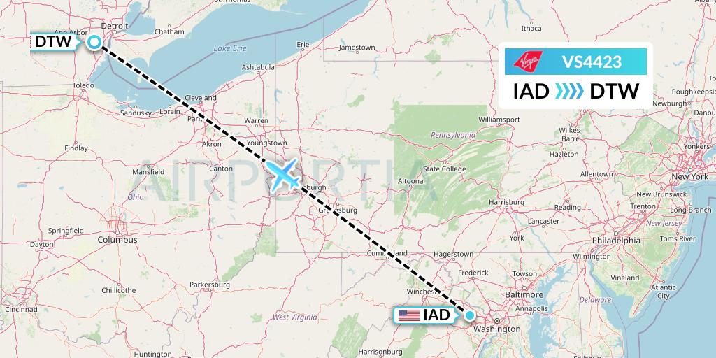 VS4423 Virgin Atlantic Airways Flight Map: Washington to Detroit