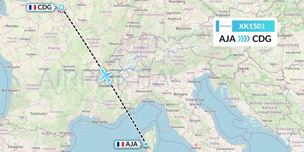 XK1501 Air Corsica Flight Map: Ajaccio to Paris
