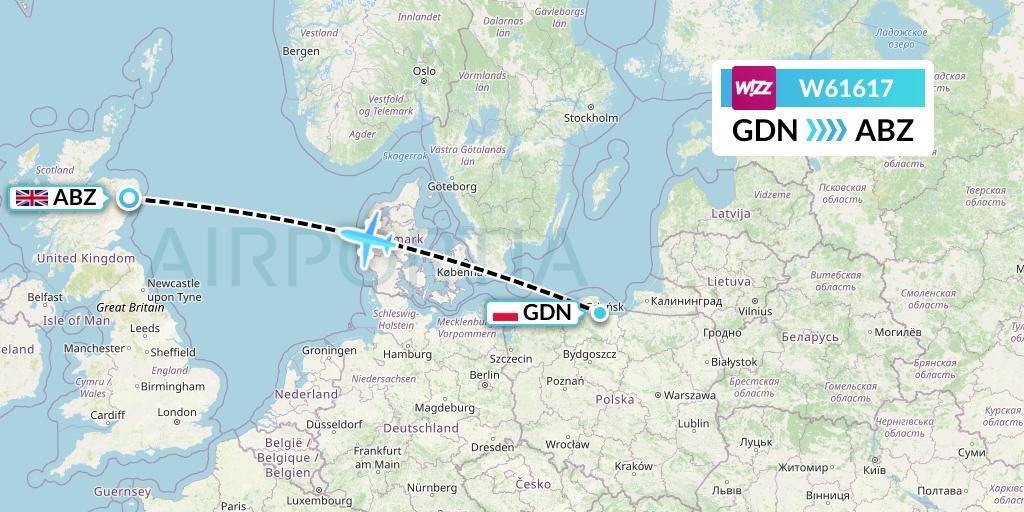 W61617 Wizz Air Flight Map: Gdansk to Aberdeen