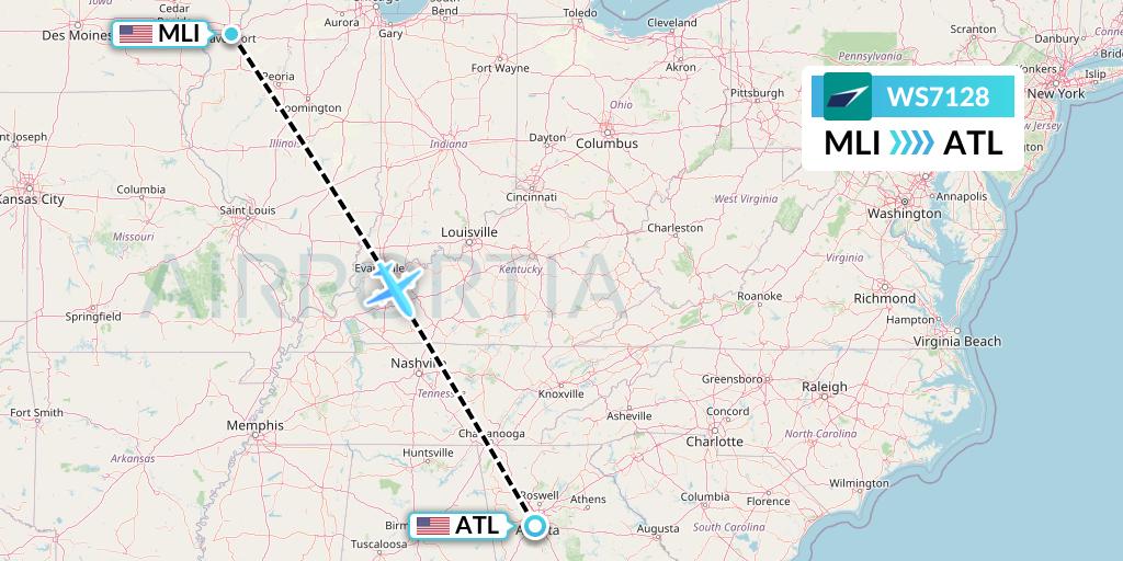 WS7128 WestJet Flight Map: Moline to Atlanta