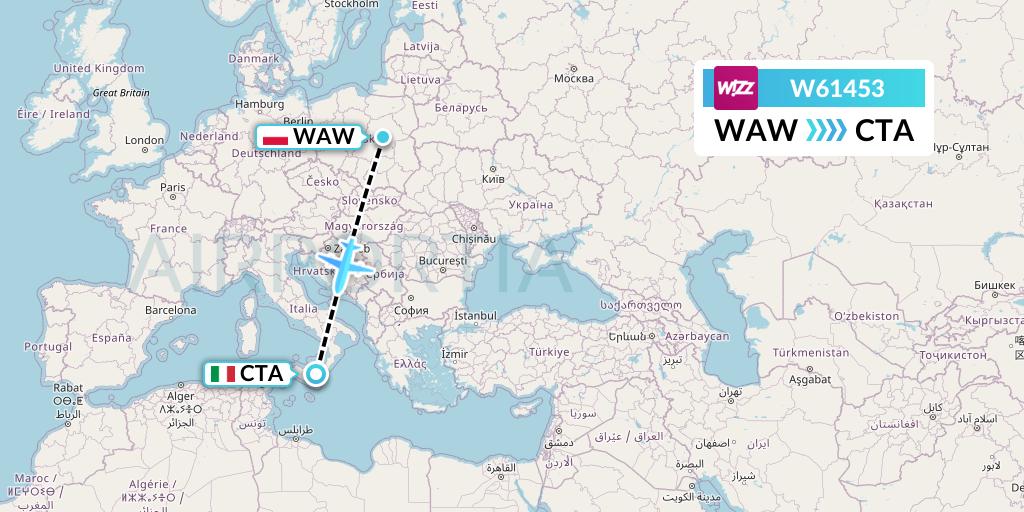 W61453 Wizz Air Flight Map: Warsaw to Catania