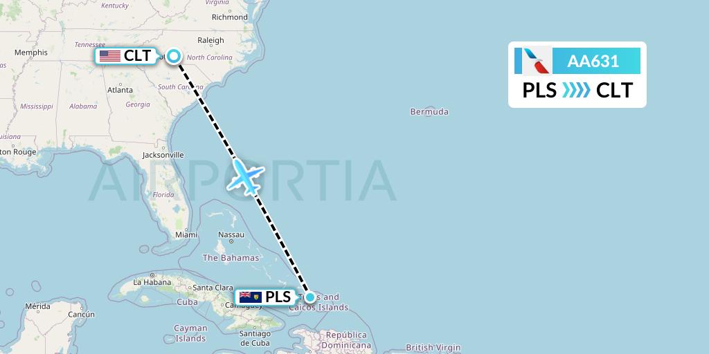 AA631 American Airlines Flight Map: Providenciales to Charlotte