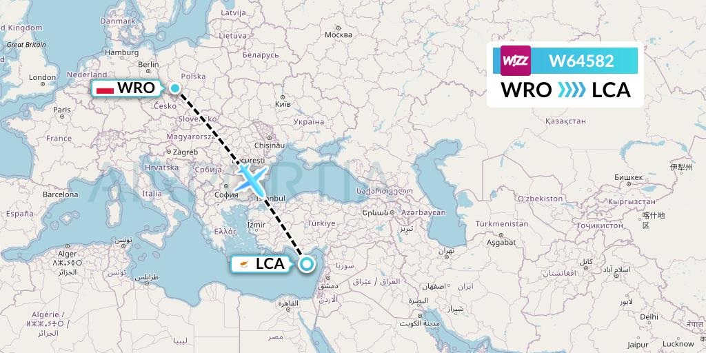 W64582 Wizz Air Flight Map: Wroclaw to Larnaca