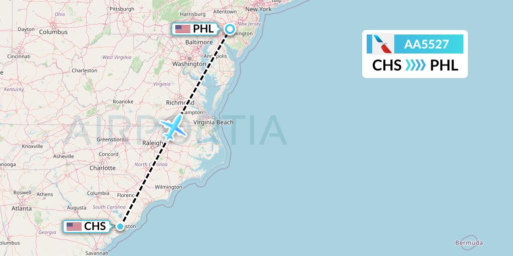 AA5527 American Airlines Flight Map: Charleston to Philadelphia