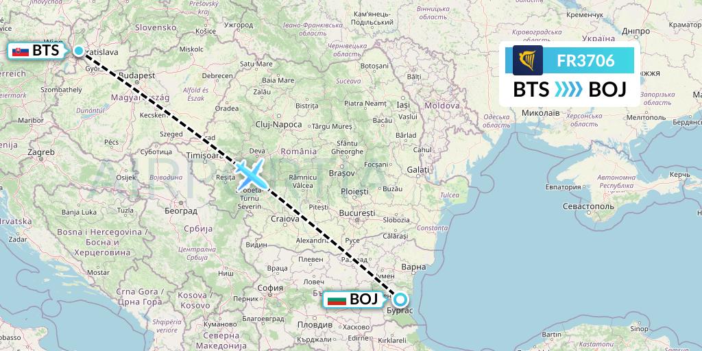 FR3706 Ryanair Flight Map: Bratislava to Burgas