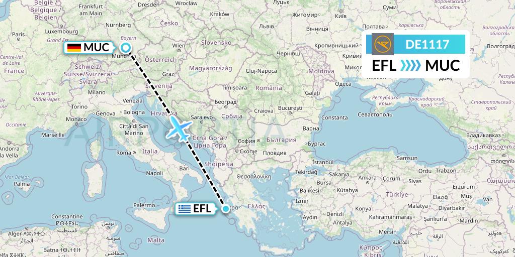 DE1117 Condor Flight Map: Kefalonia to Munich