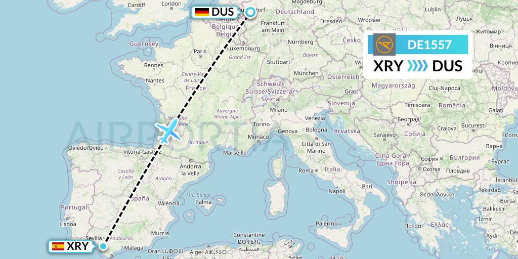 DE1557 Condor Flight Map: Jerez to Dusseldorf