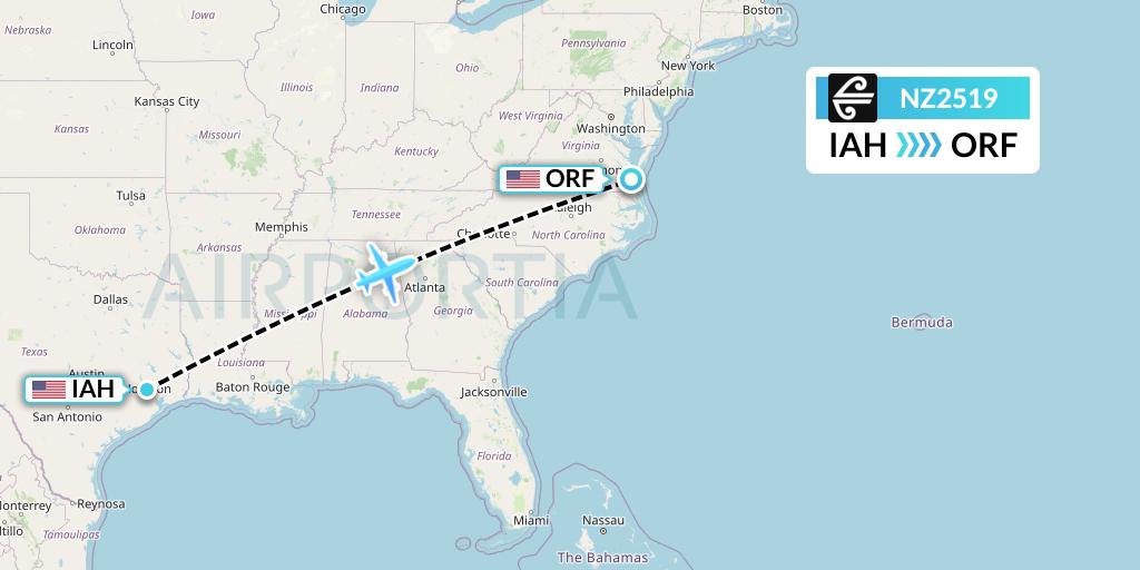 NZ2519 Air New Zealand Flight Map: Houston to Norfolk
