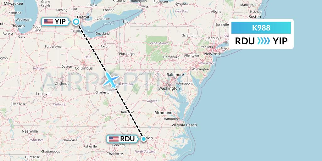K988 Kalitta Charters Flight Map: Raleigh-Durham to Detroit