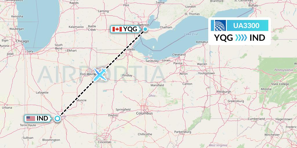 UA3300 United Airlines Flight Map: Windsor to Indianapolis