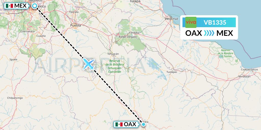 VB1335 VivaAerobus Flight Map: Oaxaca to Mexico City