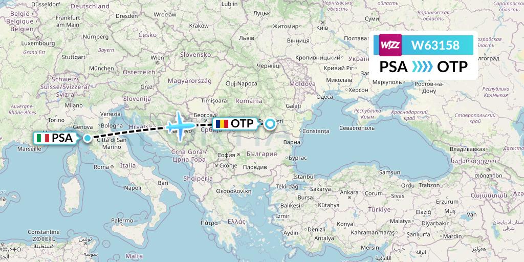 W63158 Wizz Air Flight Map: Pisa to Bucharest