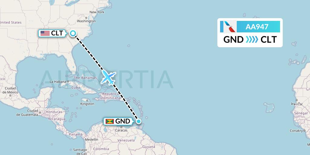 AA947 American Airlines Flight Map: Point Salines to Charlotte