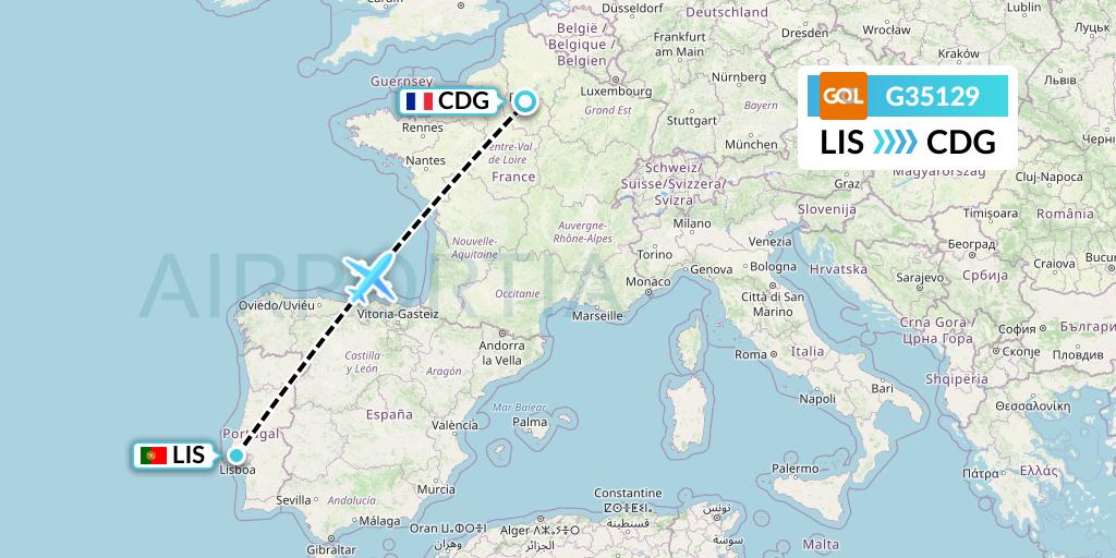 G35129 GOL Transportes Aeros Flight Map: Lisbon to Paris