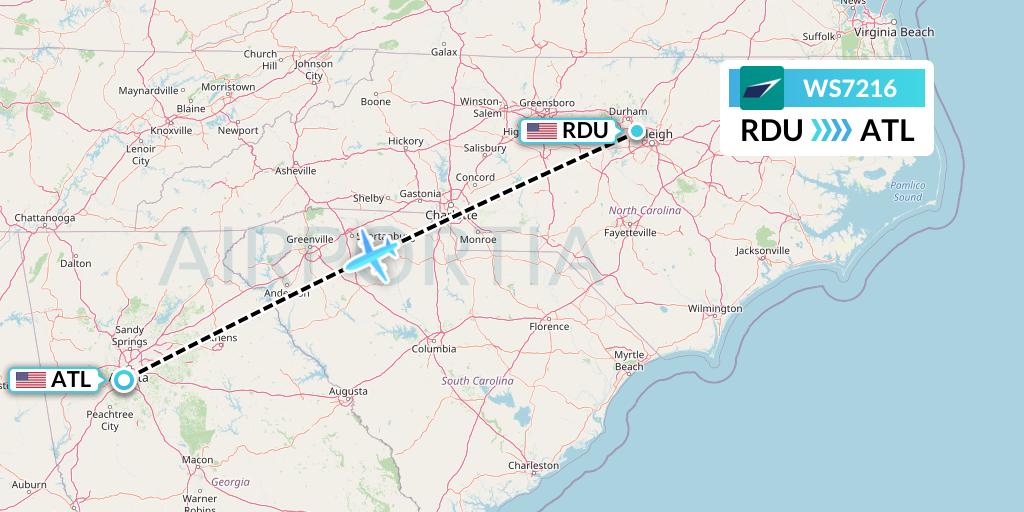 WS7216 WestJet Flight Map: Raleigh-Durham to Atlanta