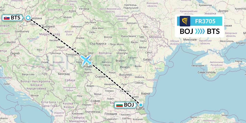 FR3705 Ryanair Flight Map: Burgas to Bratislava