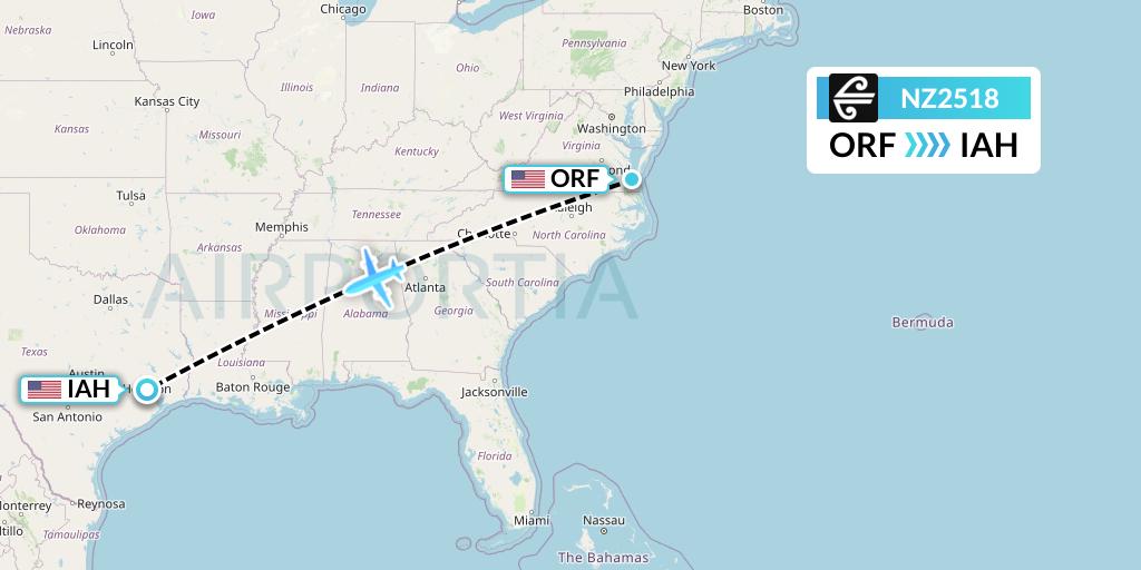 NZ2518 Air New Zealand Flight Map: Norfolk to Houston