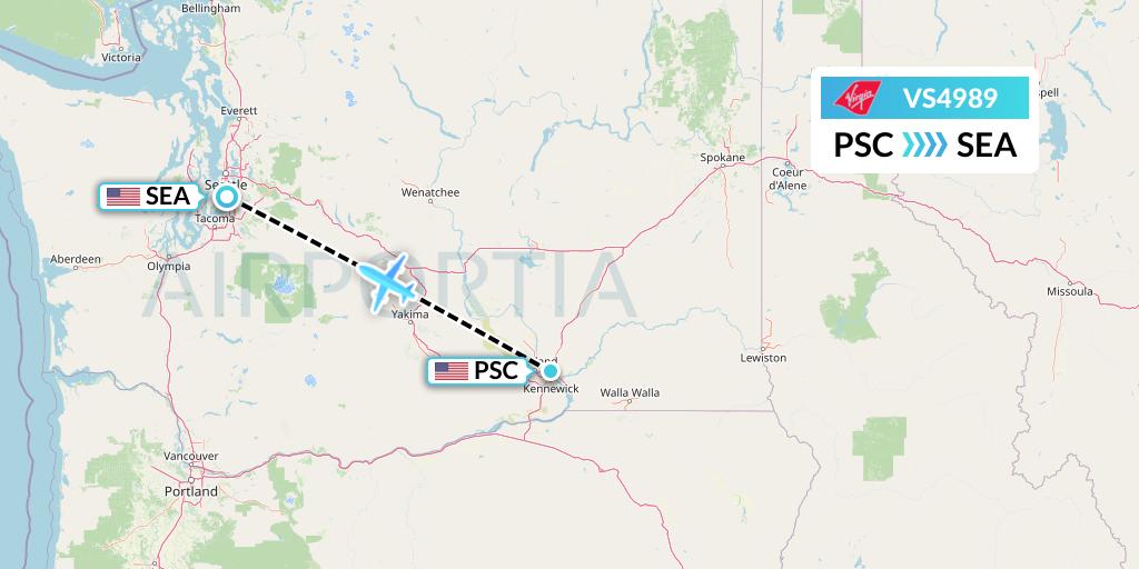 VS4989 Virgin Atlantic Airways Flight Map: Pasco to Seattle