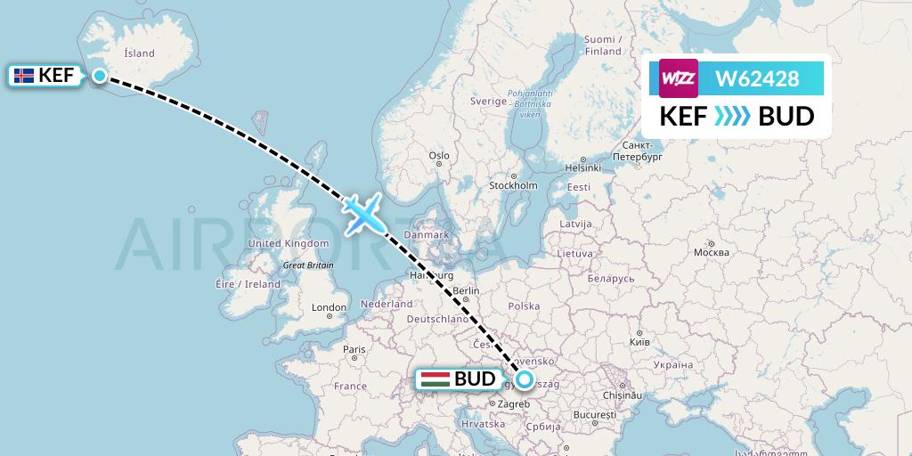 W62428 Wizz Air Flight Map: Reykjavik to Budapest
