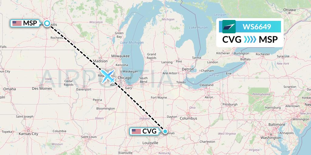 WS6649 WestJet Flight Map: Cincinnati to Minneapolis