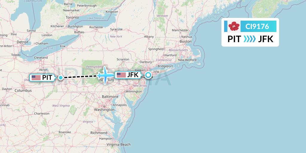 CI9176 China Airlines Flight Map: Pittsburgh to New York