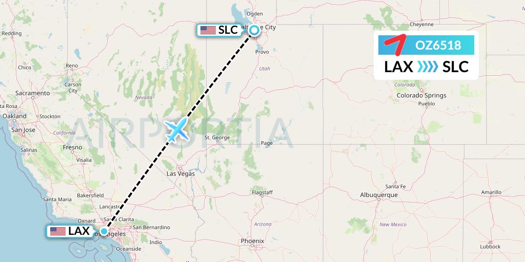 OZ6518 Asiana Airlines Flight Map: Los Angeles to Salt Lake City