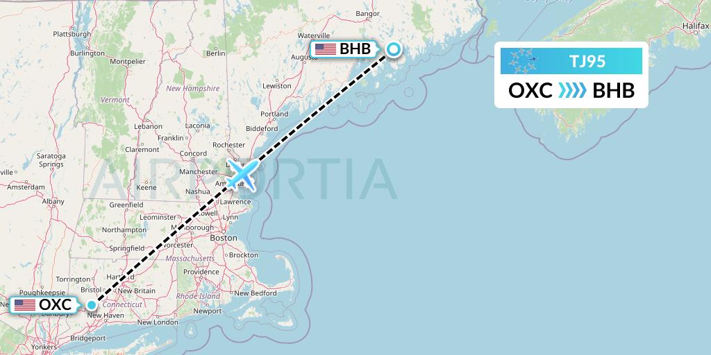 TJ95 Tradewind Aviation Flight Map: Oxford to Bar Harbor
