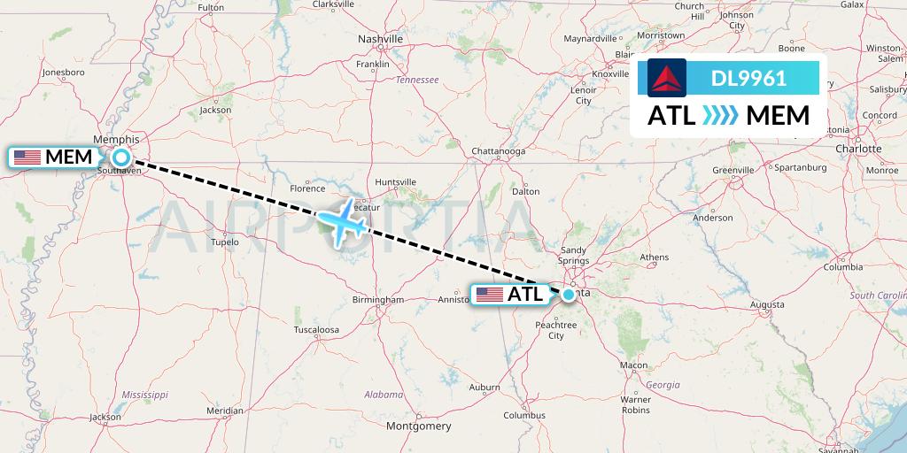 DL9961 Delta Air Lines Flight Map: Atlanta to Memphis