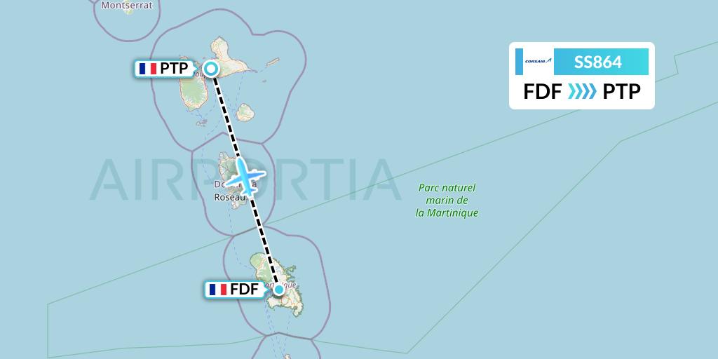 SS864 Corsair Flight Map: Fort-de-France to Pointe-a-Pitre