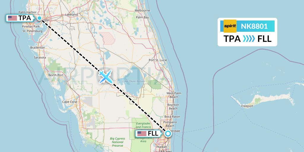 NK8801 Spirit Airlines Flight Map: Tampa to Fort Lauderdale