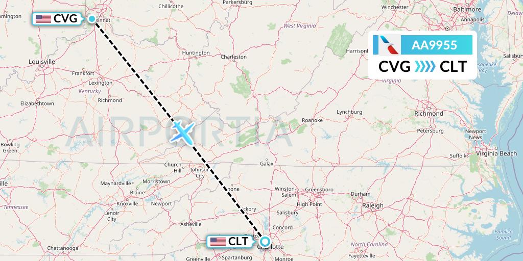 AA9955 American Airlines Flight Map: Cincinnati to Charlotte