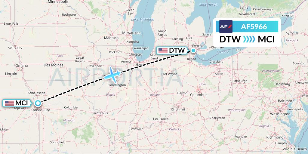 AF5966 Air France Flight Map: Detroit to Kansas City
