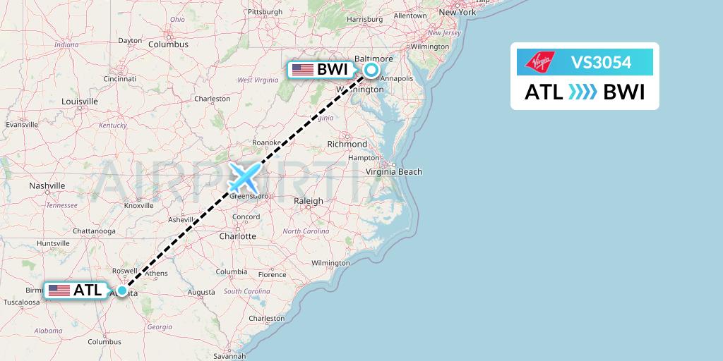 VS3054 Virgin Atlantic Airways Flight Map: Atlanta to Baltimore